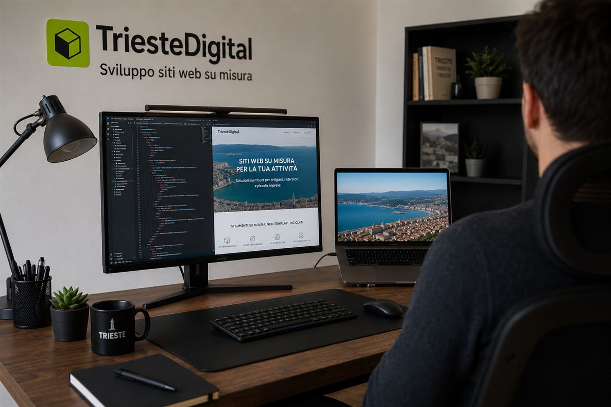 La postazione di lavoro di Trieste Digital: monitor con il codice e l'anteprima di un sito, logo dello studio alla parete